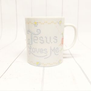 Vintage Norcrest "Jesus Loves Me" Ceramic Mug with Cross-Stitch Design